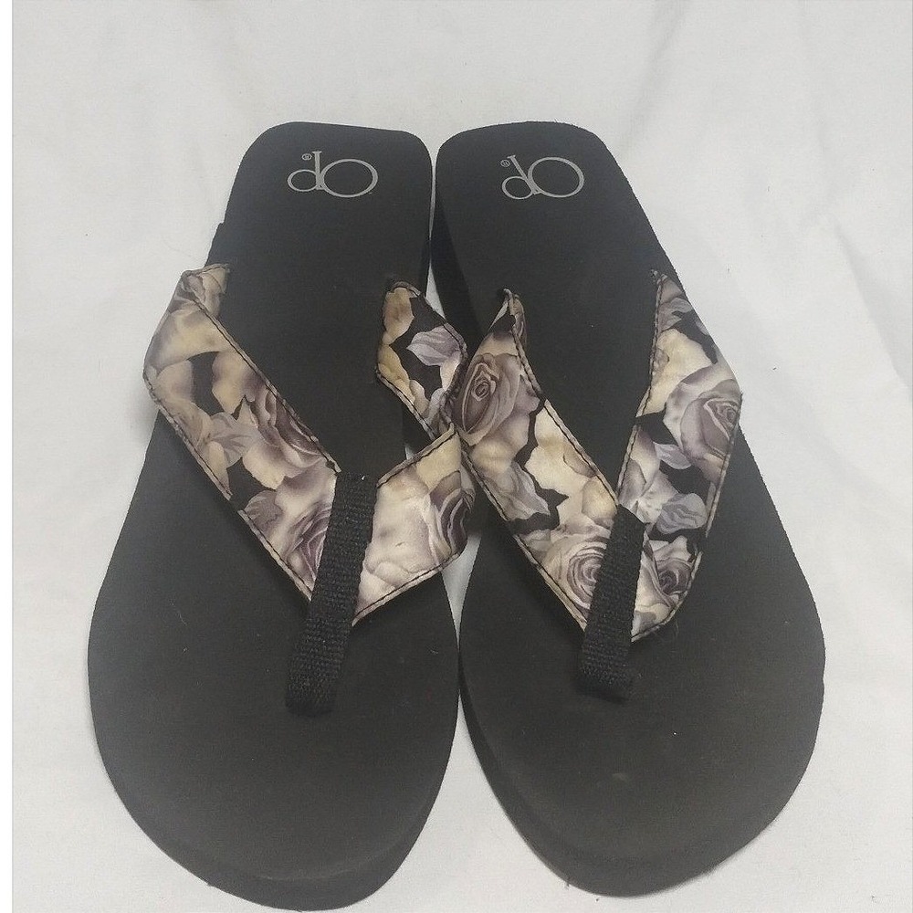 OP Ocean Pacific Womens Black Floral Rose Wedge Platform Flip Flops Size 7-8